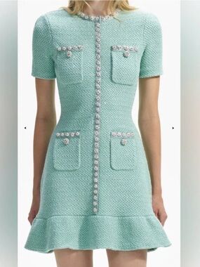 Self-Portrait Mint Green Tweed Short-Sleeve Pocket Dress with Jewel Trim